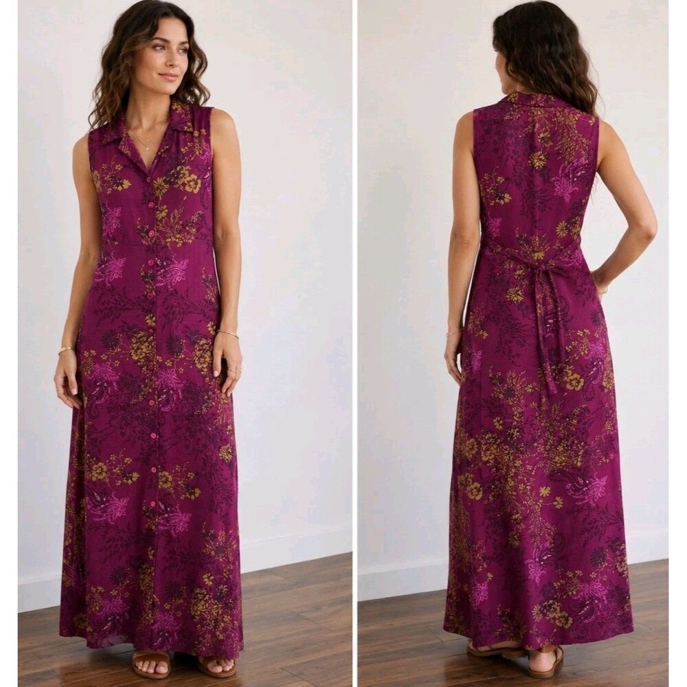 Vintage Y2K Boho Floral Rayon Button Front Maxi Dress Erika Women’s M Back Tie
